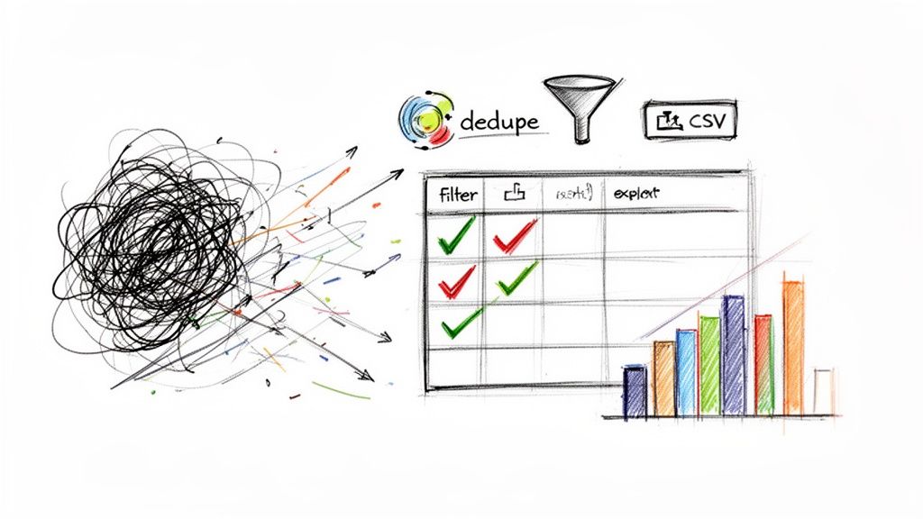 Hand-drawn illustration showing data processing from messy input to organized analysis and results.