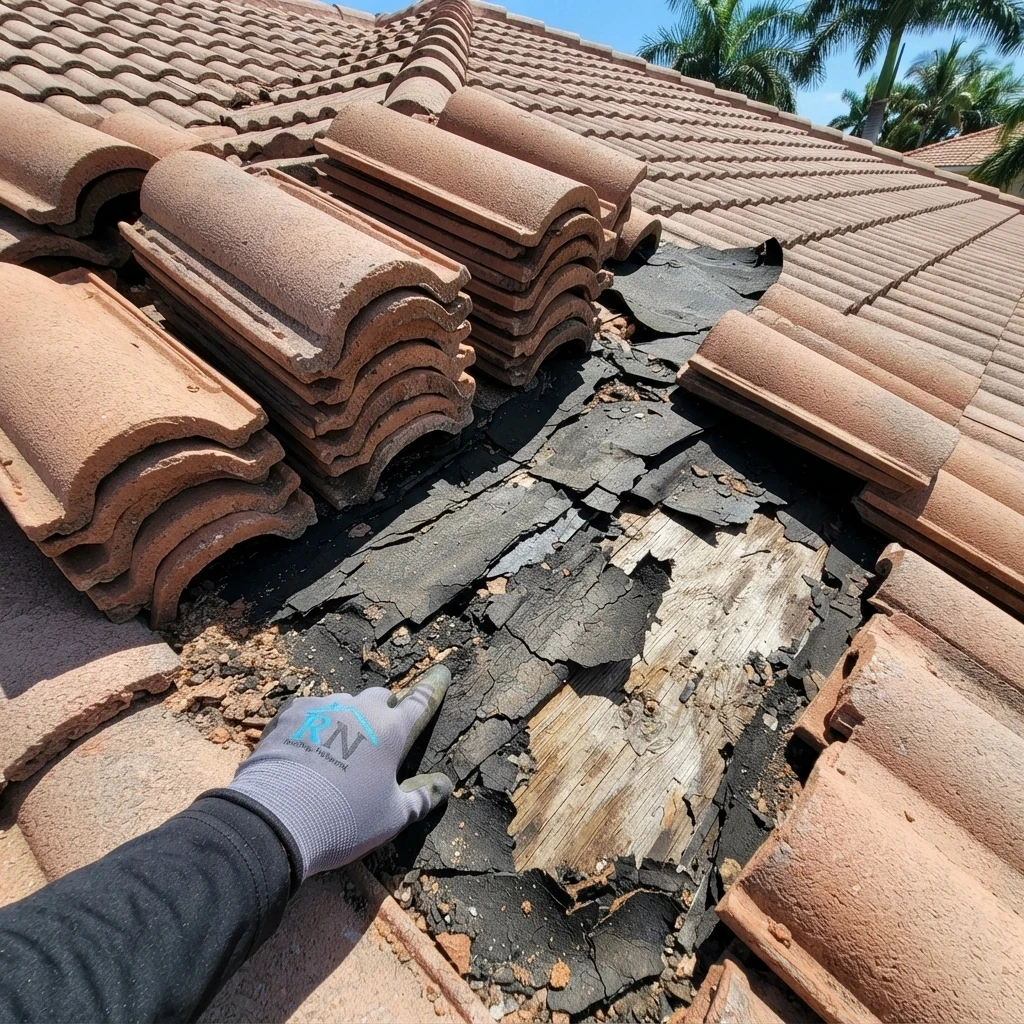 Concrete roof tiles stacked on a South Florida roof with failed underlayment exposed underneath