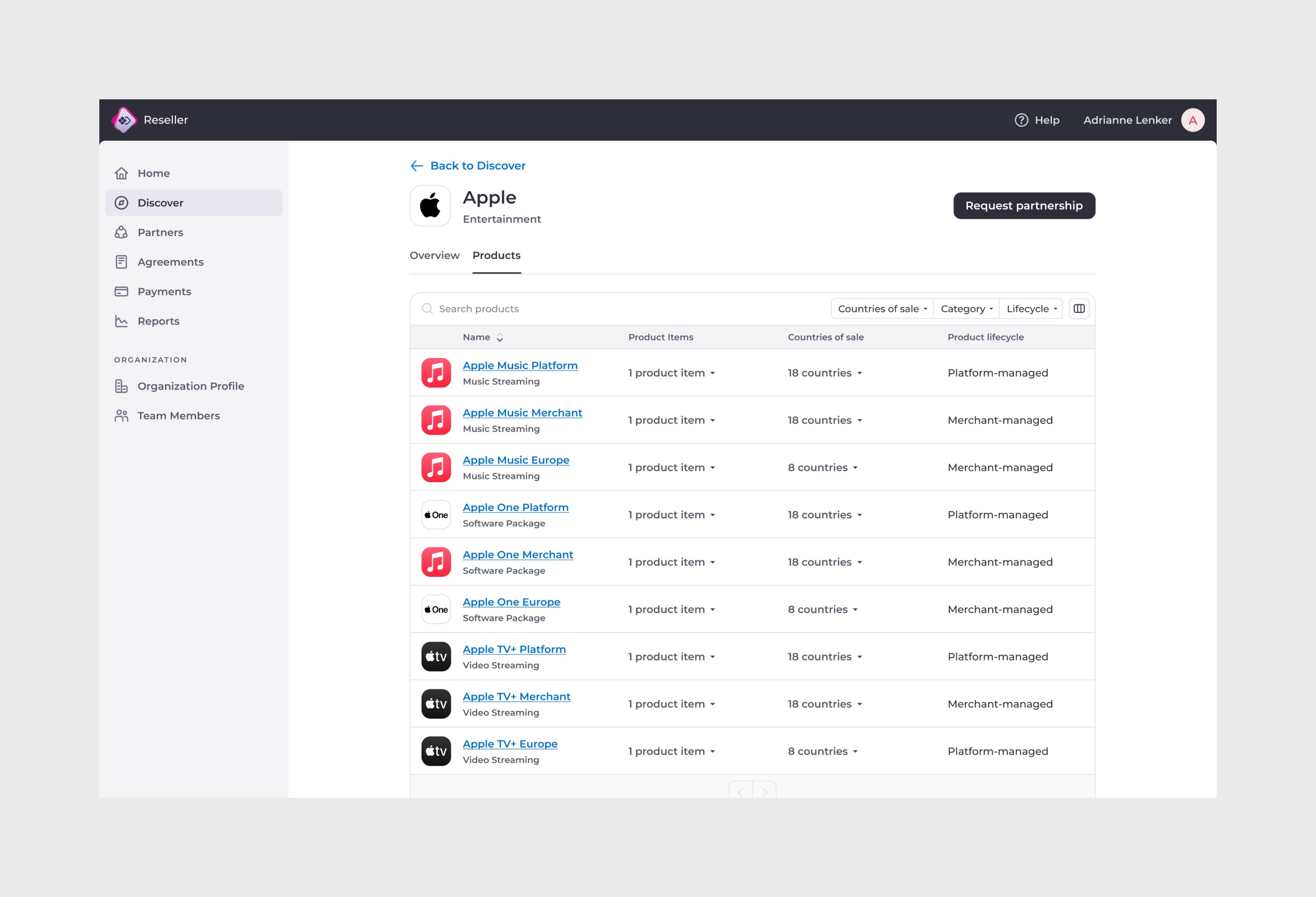 Reseller view - Discover (Products tab, desktop).