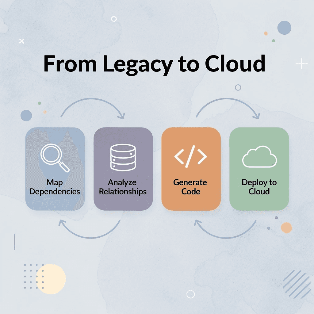 Process flow showing four steps from dependency mapping to cloud deployment