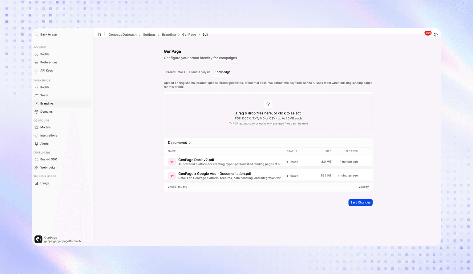 GenPage knowledge base with internal sales decks and documentation feeding AI page generation
