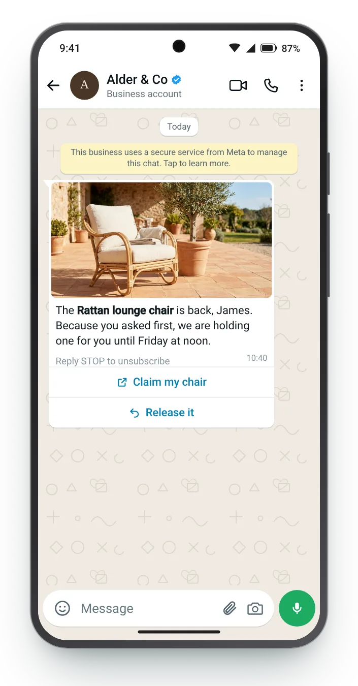 One held for the first sign-ups: WhatsApp restock alert on an Android phone