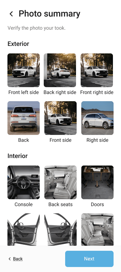 FlynCar app’s photo summary screen with thumbnails of both exterior (front, back, sides) and interior (console, back seats, doors) car’s shots for verification.