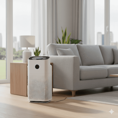 Air purifier with multi-stage filtration including pre-filters, HEPA, and activated carbon for clean indoor air in homes and offices