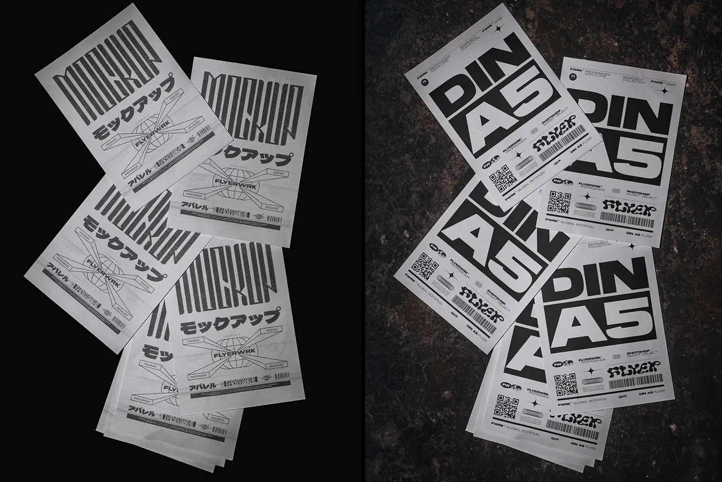 High-resolution A5 flyer mockup featuring brutalist poster designs and metal-inspired wolf illustrations