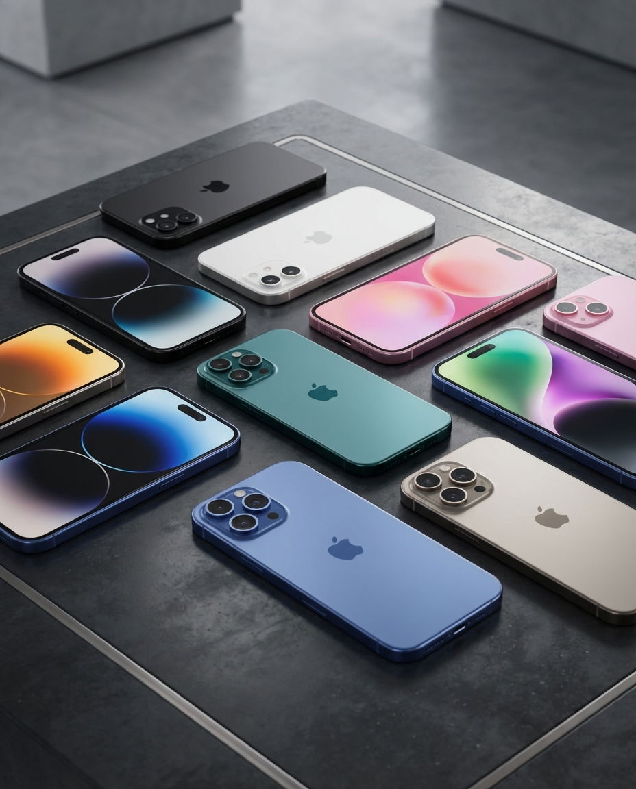 Multiple iPhone 16 models including standard, Pro, and Pro Max arranged on a sleek tech surface.
