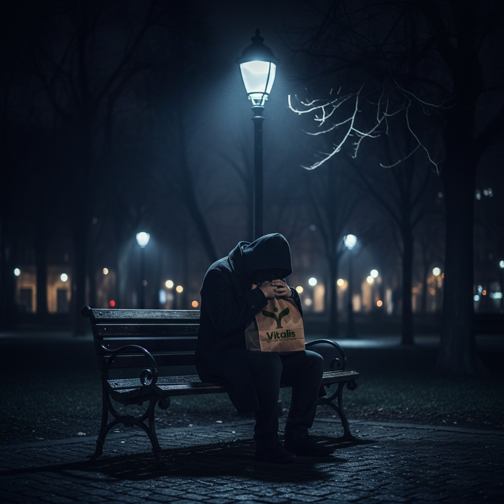 Persona respirando en bolsa de papel con logo de Centro Vitalis durante crisis