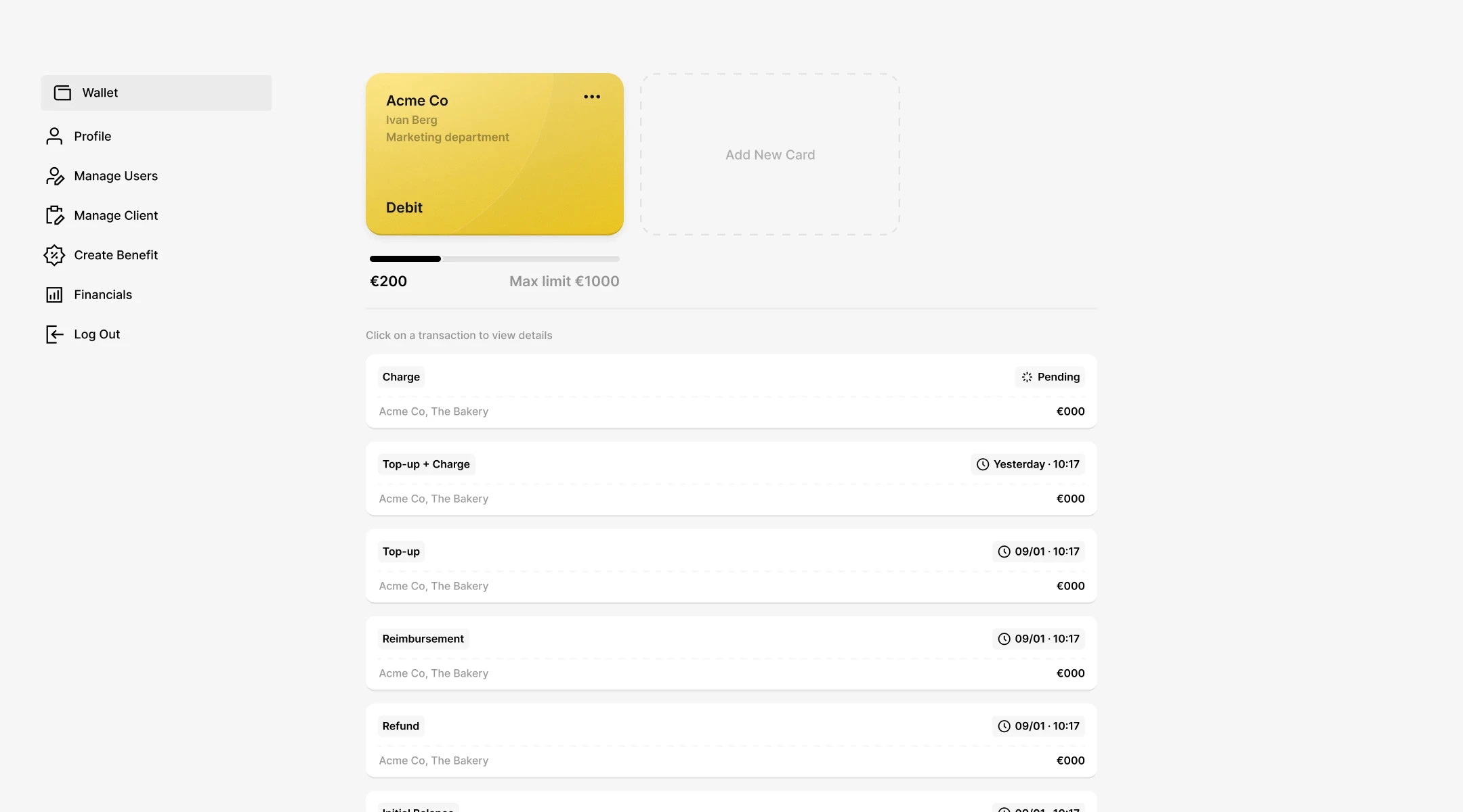 UI of portal where contract catering clients clients handle administration