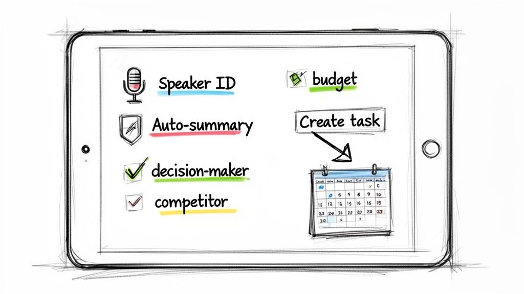 A sketch of a tablet displaying AI note-taking app features like speaker ID, auto-summary, budget, and task creation.