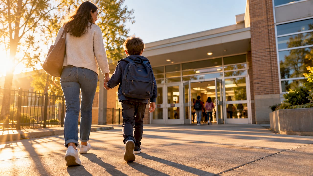 Familia llegando a una escuela pública