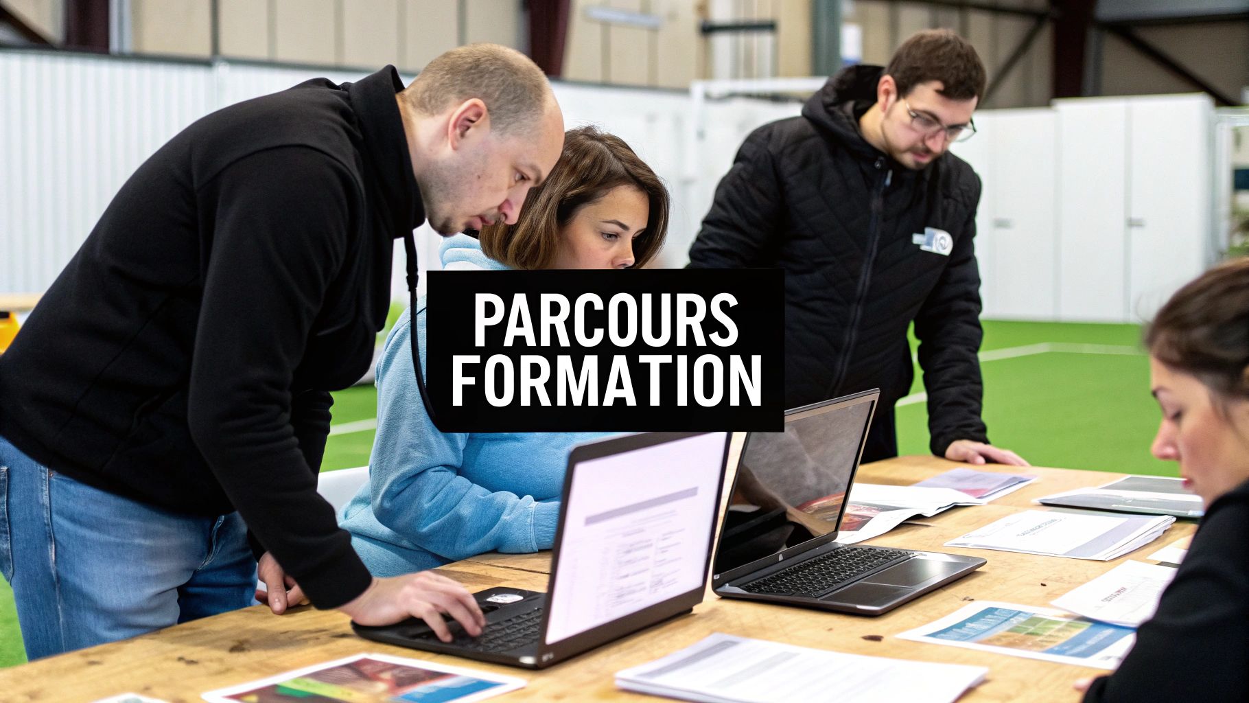 Deux hommes et une femme travaillent ensemble sur des ordinateurs portables lors d'une session de formation. Un texte superposé indique 'PARCOURS FORMATION'.