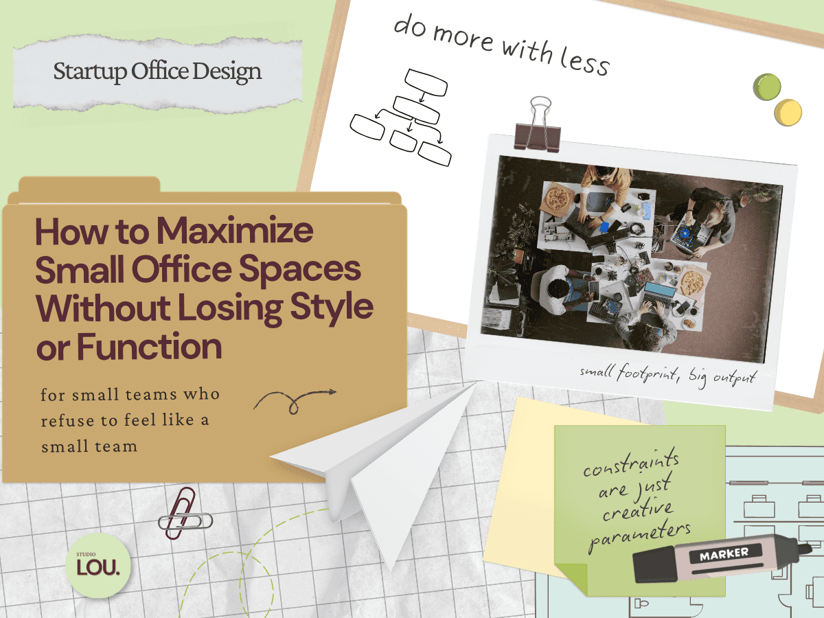 Papercraft-style blog header with a manila folder titled How to Maximize Small Office Spaces Without Losing Style or Function, grid paper background, dry erase board with org chart doodle, polaroid photo of a small team working together at a table from above clipped with a binder clip, paper airplane, sage green sticky note, floor plan illustration, and marker.