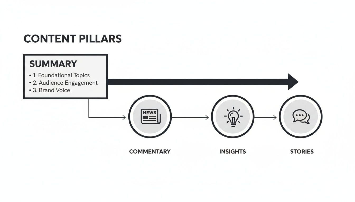A content strategy diagram showing summary points leading to commentary, insights, and stories as content pillars.