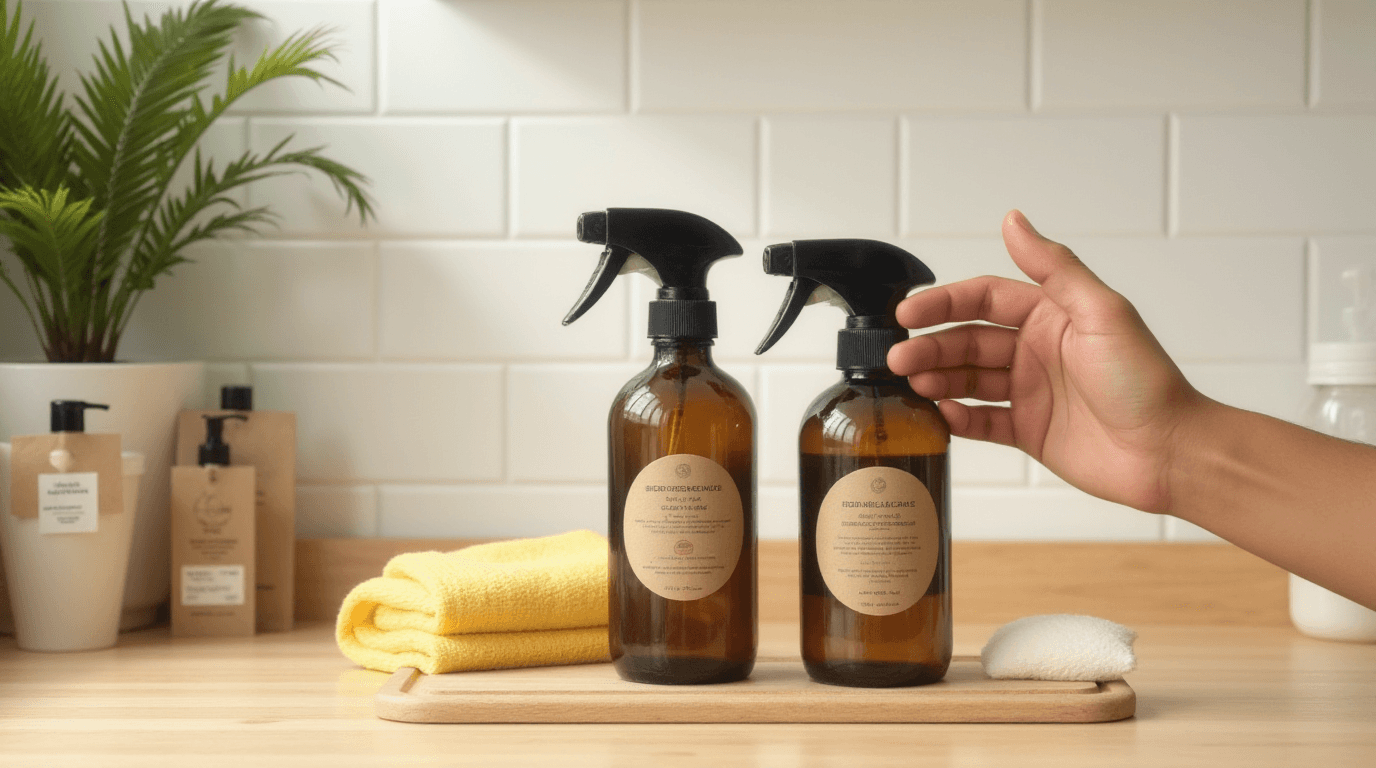 A person wearing bright green gloves is cleaning a surface with a cloth and a spray bottle.