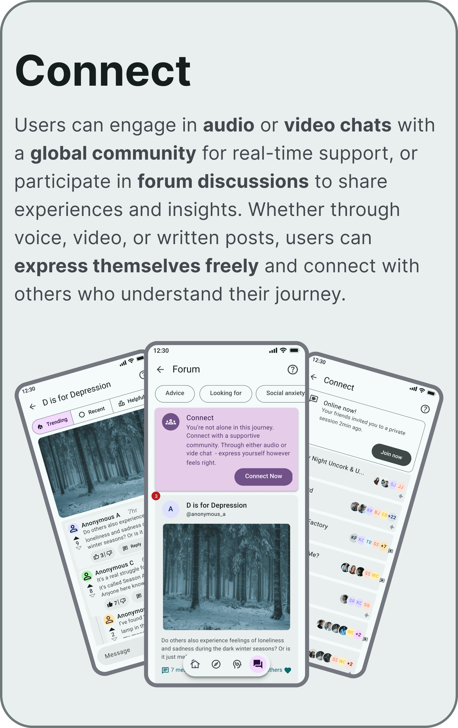 UX mockup of the 'Clear Mind' community feature, 'Connect.' Three mobile screens show a specific forum thread about seasonal sadness, the main community forum dashboard, and a 'Connect' live room interface where users can join public or private audio and video discussions.
