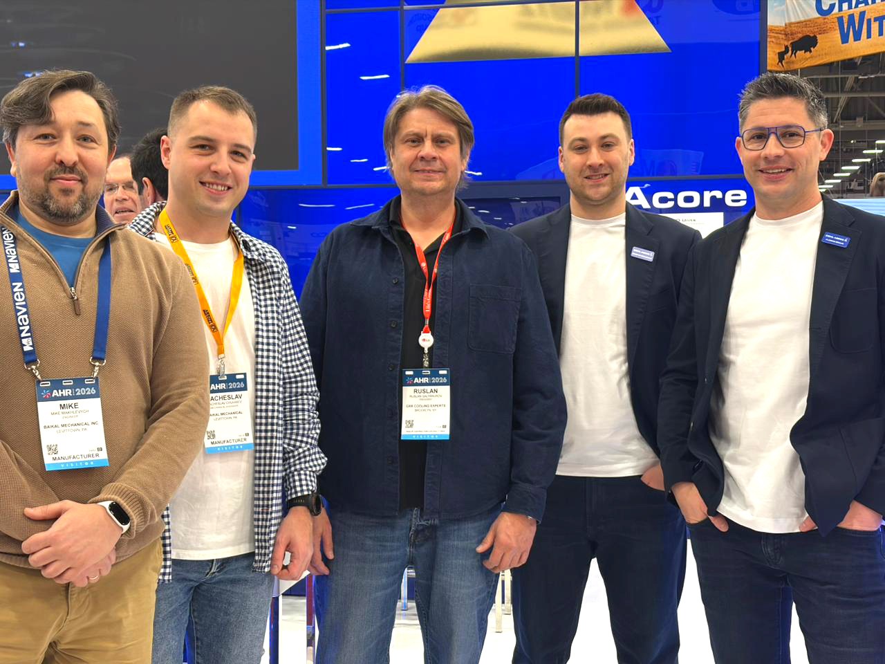 HVAC retrofit engineers from GRR Cooling Experts meeting EC fan and fan array partners at AHR Expo 2026 in Los Angeles