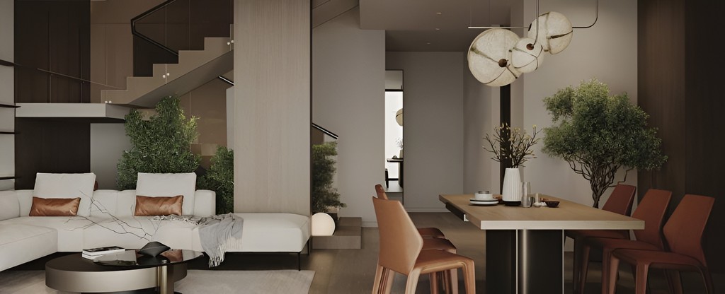 Blue Marina Residence's modern living room showcasing a comfortable couch and a chic coffee table.