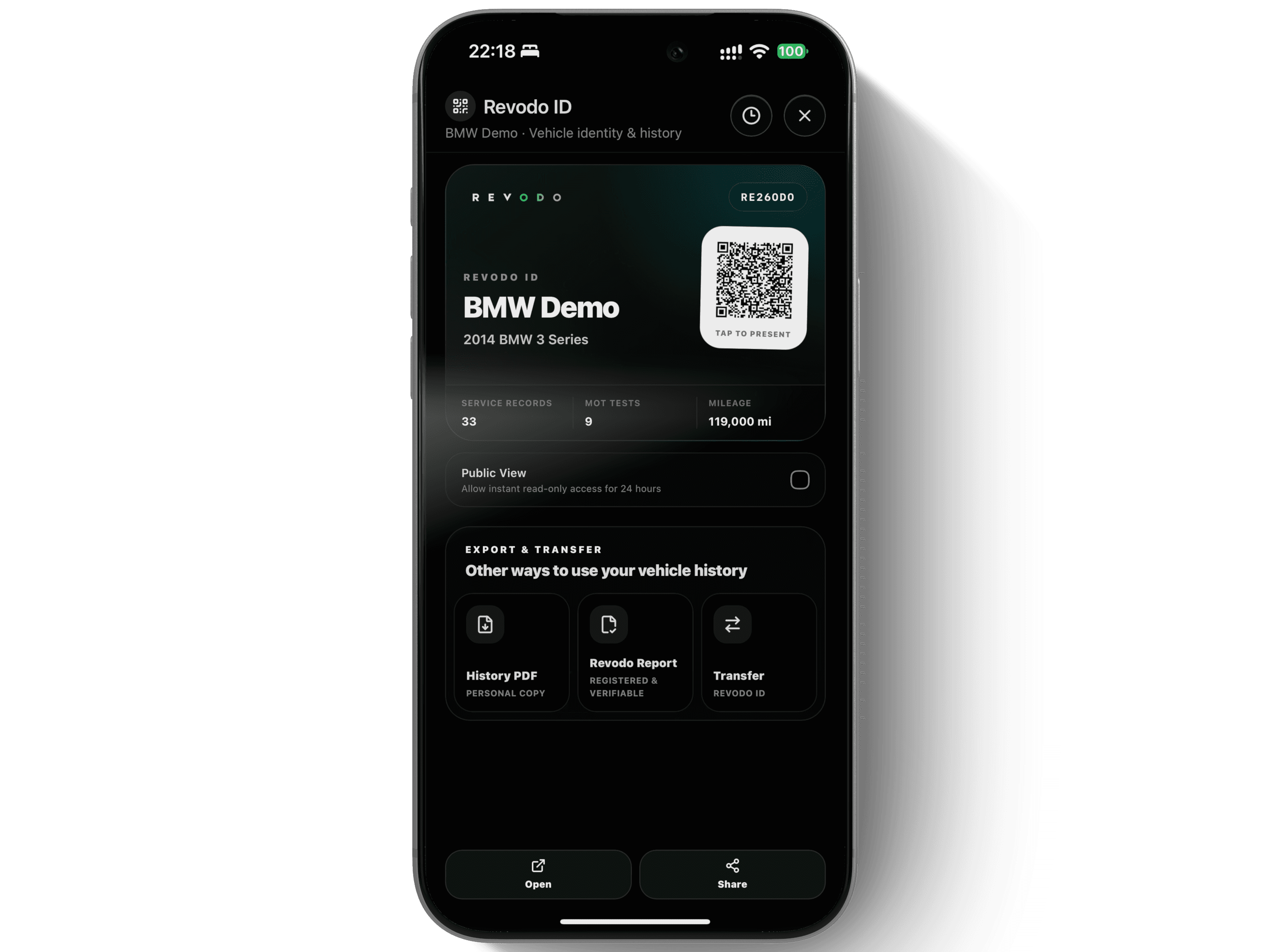 Revodo ID vehicle identity screen shown on an iPhone