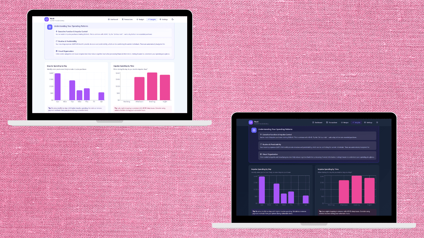 Nooli screenshots on laptops showing light and dark modes