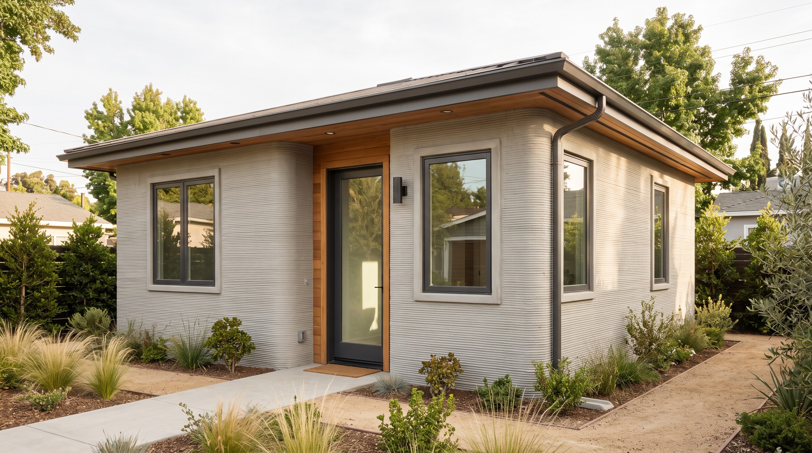 Conceptual detached ADU exterior showing layered concrete wall texture.