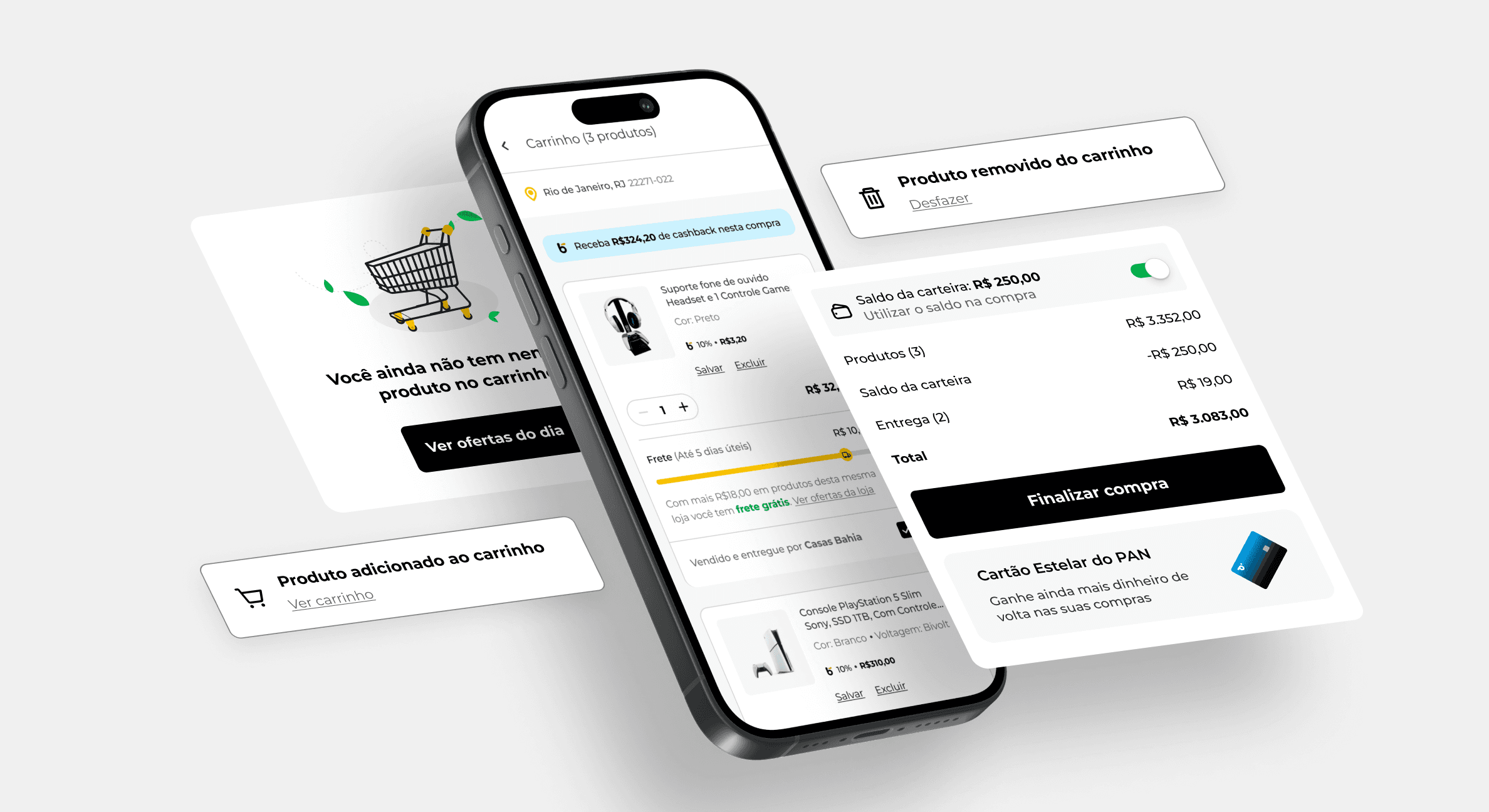 Tela de finalização de compra em um e-commerce, com produtos adicionados ao carrinho e informações sobre o pedido