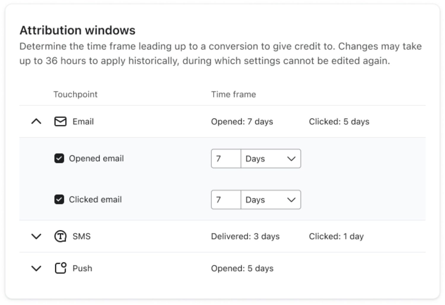 Set Attribution Windows.jpg – A screenshot of Klaviyo’s attribution window settings, displaying different timeframes for tracking conversions based on email, SMS, and push notifications.