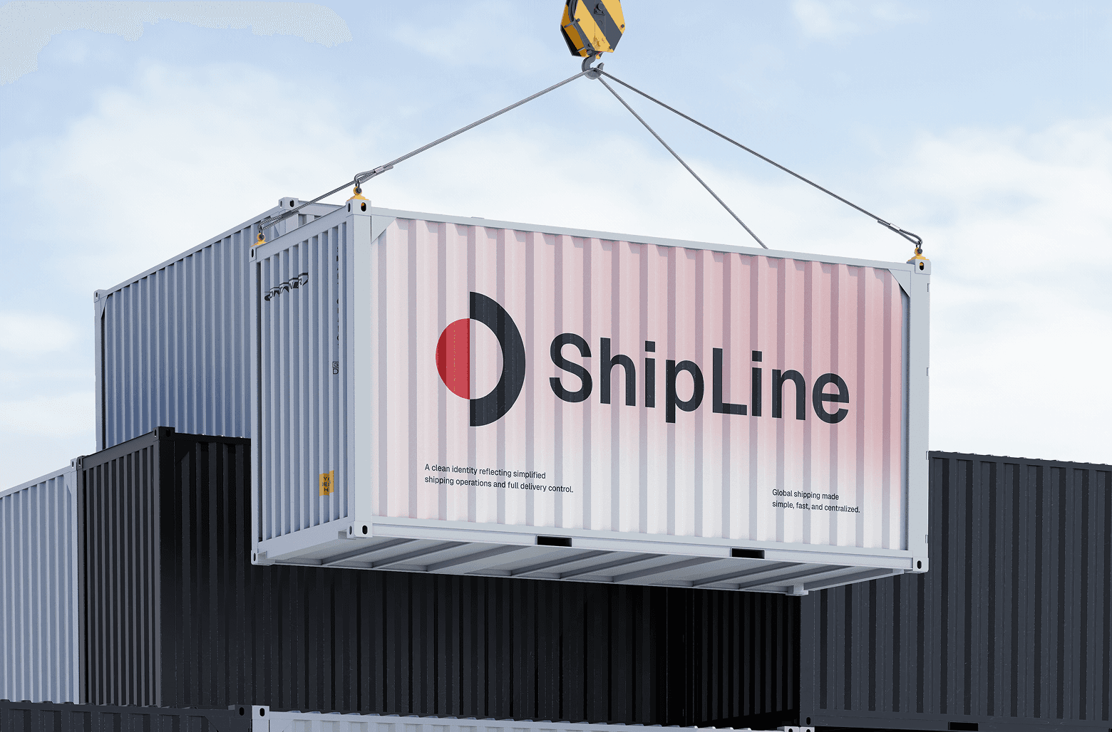 Shipping container lifted by crane with ShipLine branding.