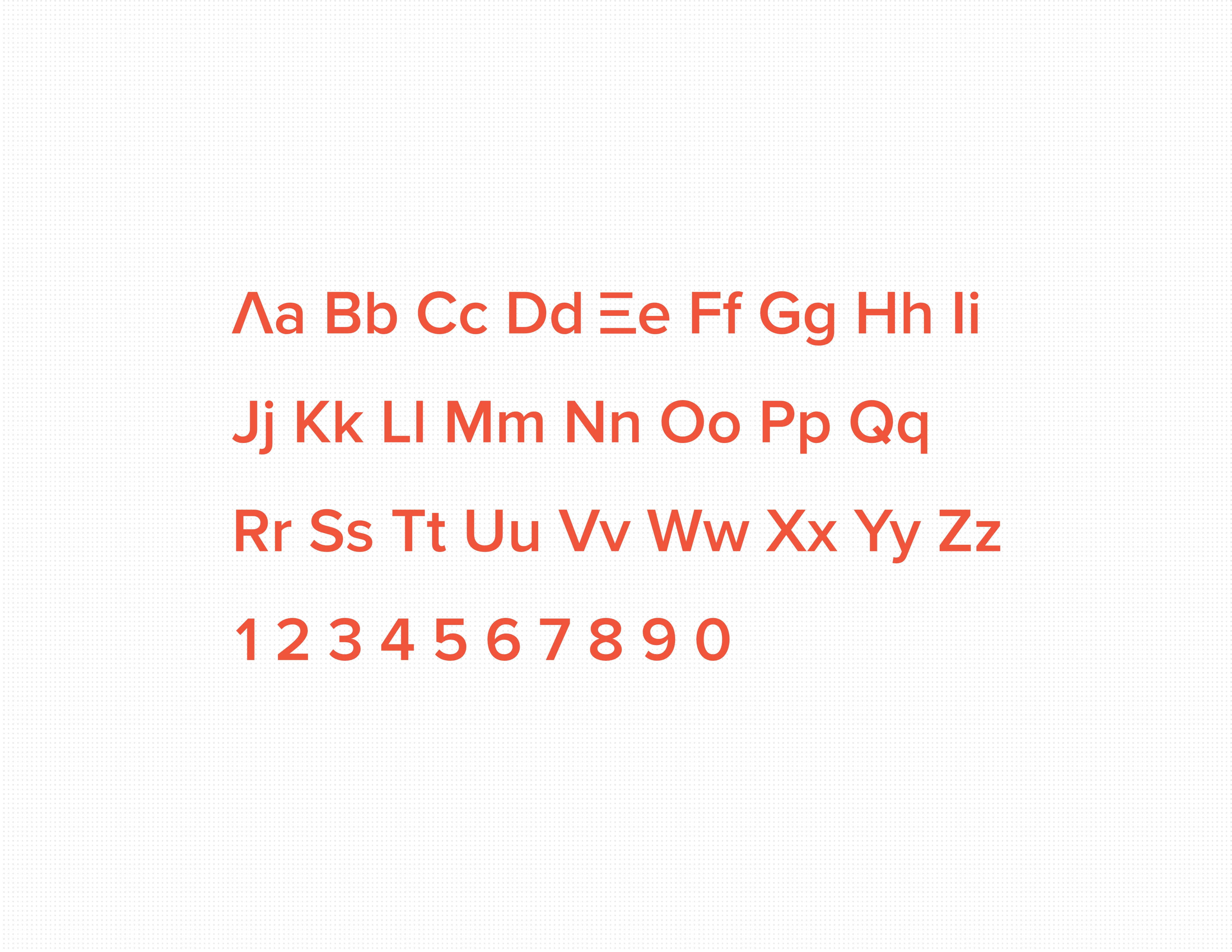 Typeface Proxima Nova specimen, featuring uppercase and lowercase characters A–Z and numbers 0–9 in orange on a white background.
