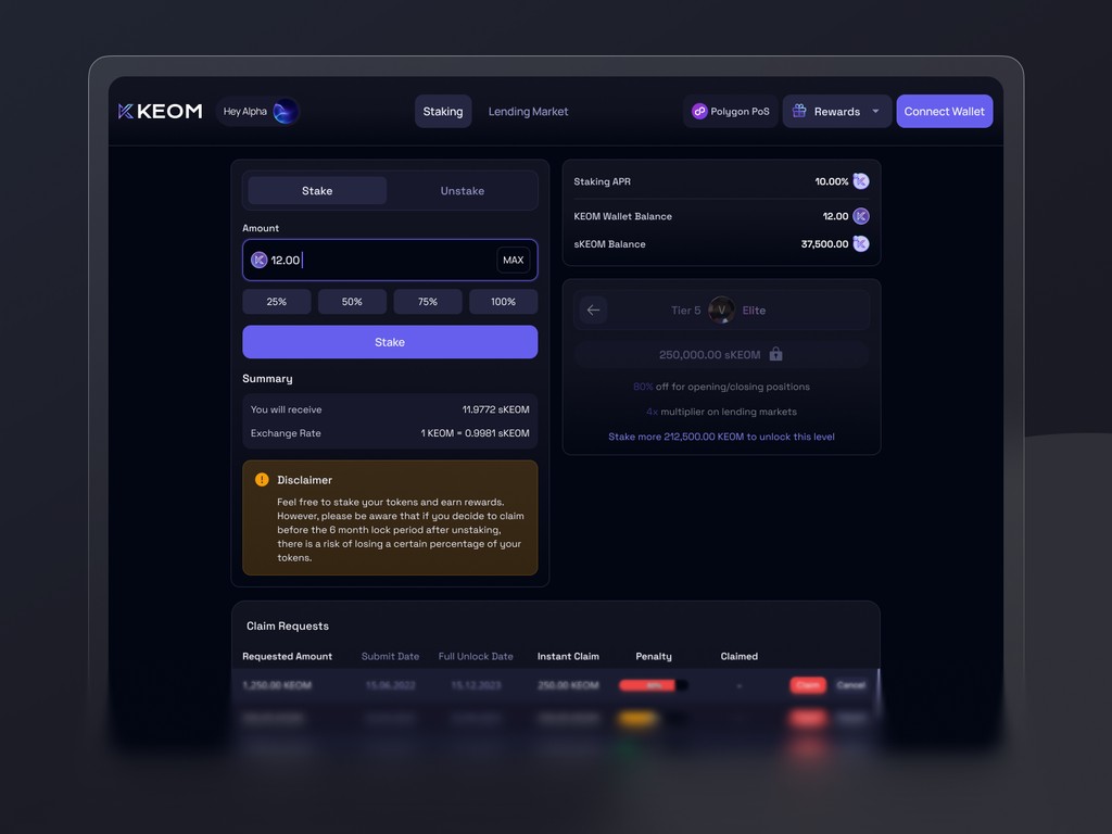 Wallet management UI screens of KEOM with light hover effects, tier-based rewards, and gas-free claiming options