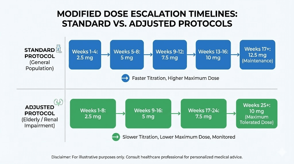 Modified tirzepatide dose schedules for special populations including elderly and renal impairment