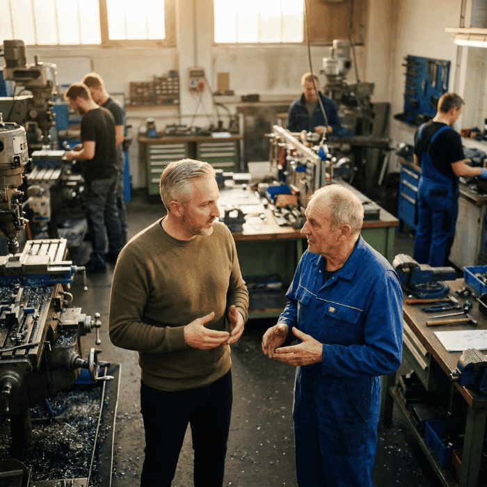 Versicherungsmakler Hannes Weindorf im Gespräch mit einem Handwerksmeister in der Werkstatt über betriebliche Berufsunfähigkeitsabsicherung