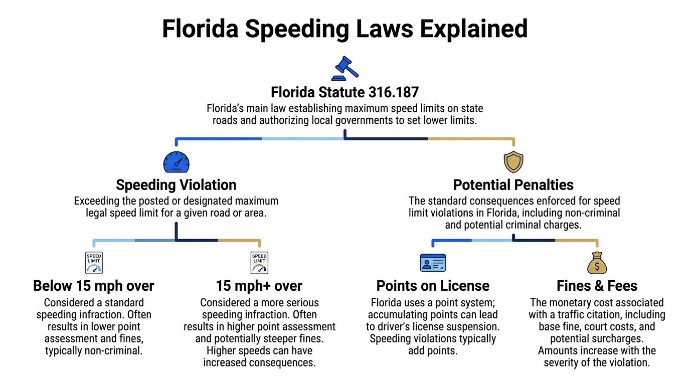 An infographic titled Florida Speeding Laws Explained detailing statutes, violation types, and potential penalties for speeding.