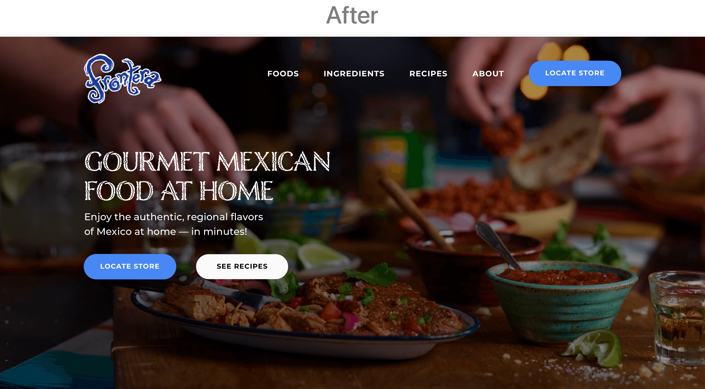 Redesigned Frontera homepage hero with Gourmet Mexican at Home positioning