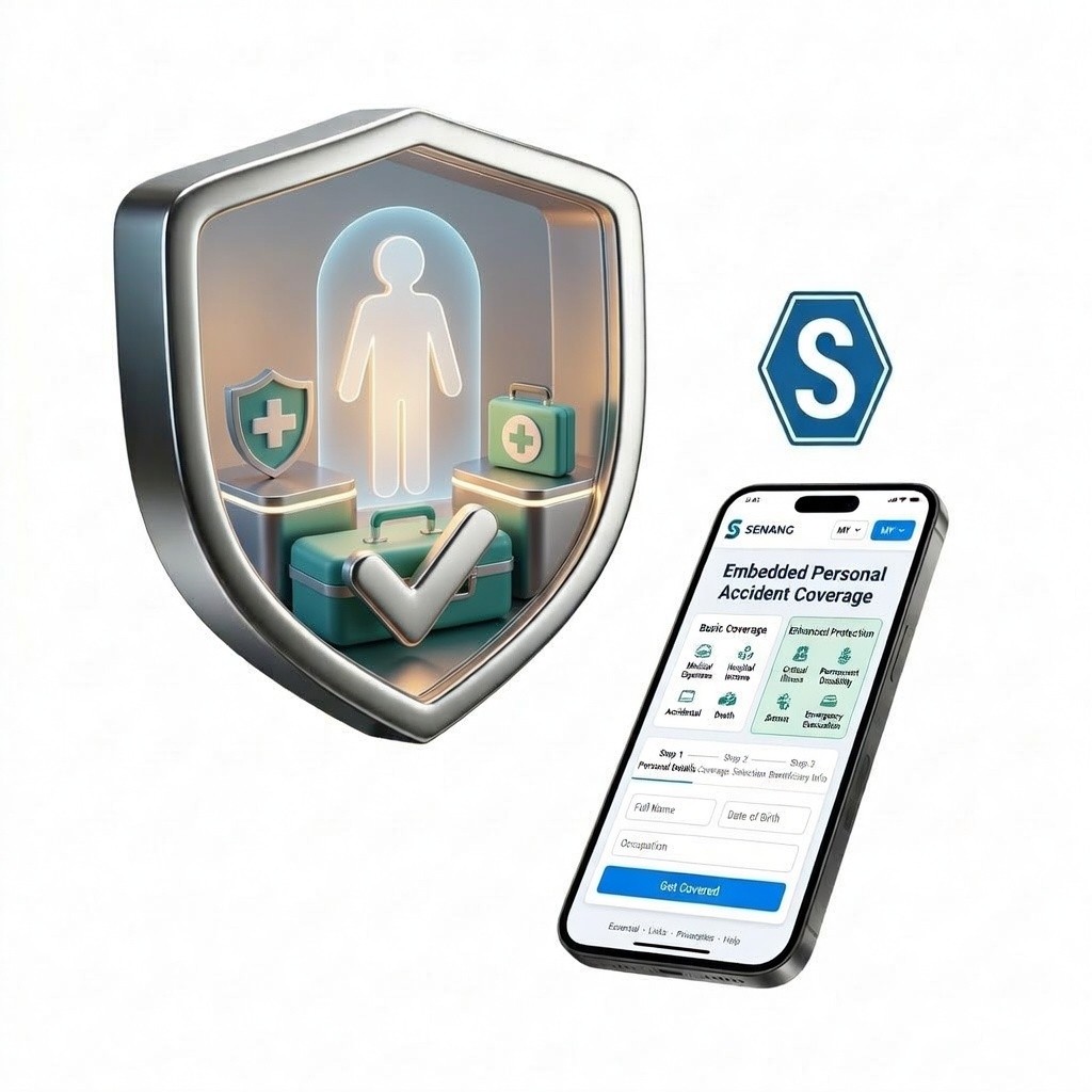 Personal Accident Insurance powered by senang.io – providing financial support for injury, disability, or accidental death, with seamless API integration, automated PA triggers, direct clinic payment, injury and disability mitigation, PA consent and compliance, and automated triggers for digital platforms.