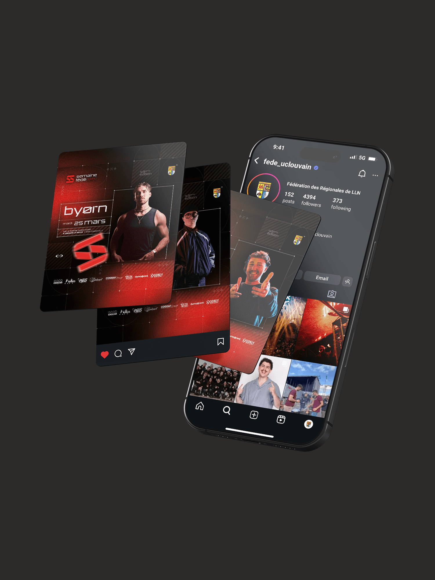 A social media mockup showcasing Instagram posts for the event, using your red, high-contrast visual identity. The cards and the phone screen reinforce a cohesive, modern communication style.
