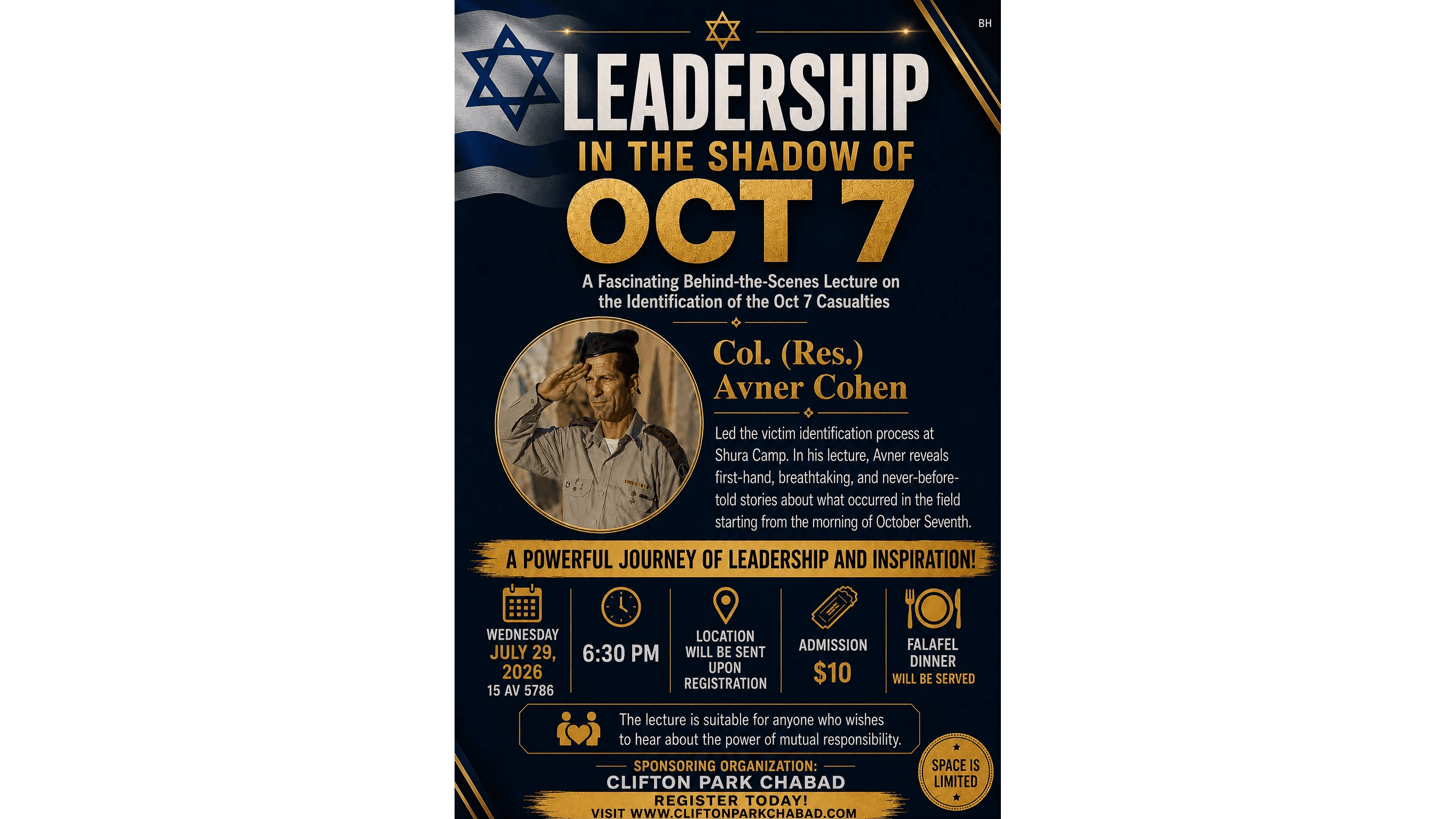 Clifton Park Chabad’s ‘Leadership in the Shadow of Oct. 7’ event flyer, featuring Col. (Res.) Avner Cohen.
