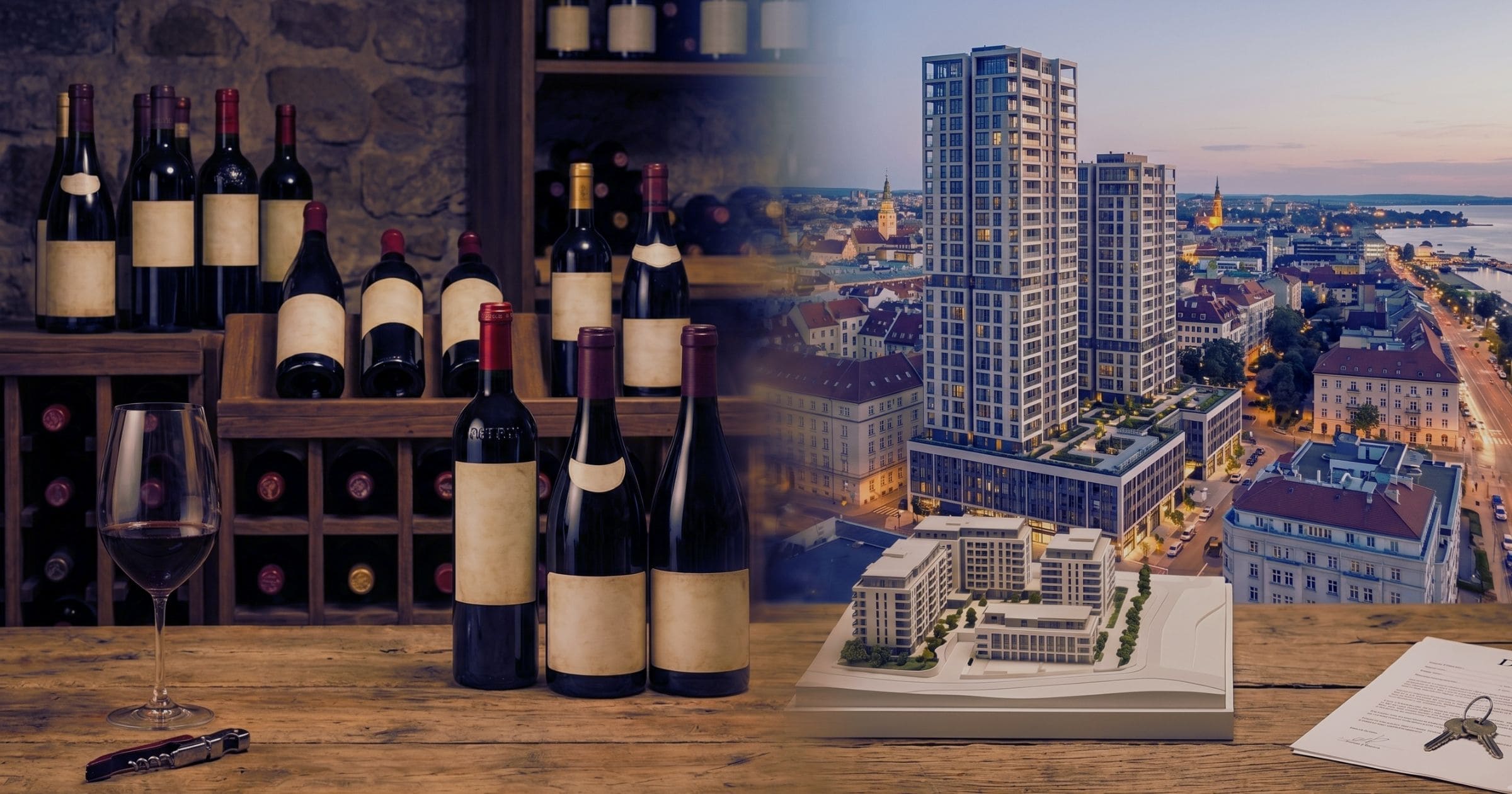 a side-by-side comparison of fine wine bottles and property investing