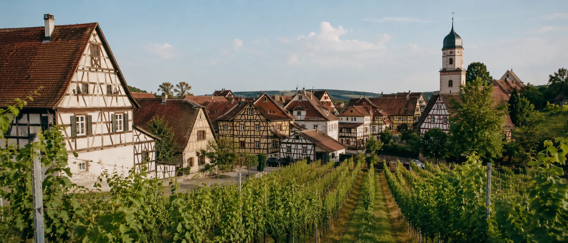 Sonnige Landschaft in Baden-Württemberg mit Fachwerkdorf, Weinbergen und sanften Hügeln