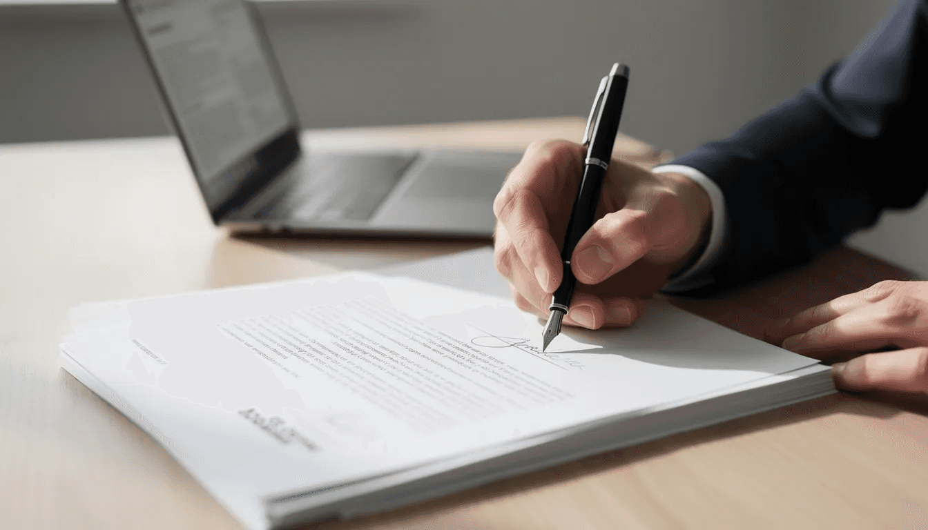 A person is seated at a desk, focused on signing important documents with a pen, which may pertain to estate planning and asset protection strategies, such as an irrevocable trust for asset protection. The scene conveys a sense of legal formality and the significance of managing and protecting personal and business assets.