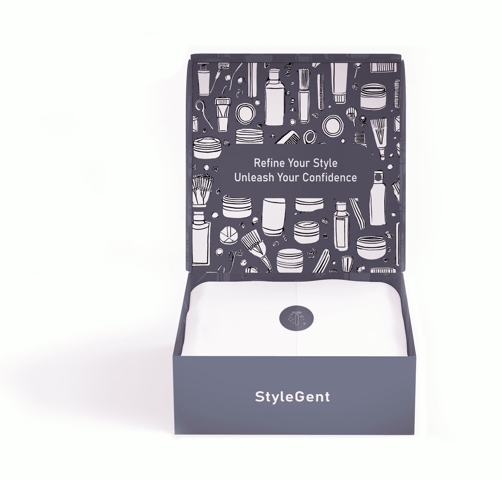 An open gift box with a stylish design, featuring various illustrated items on the interior.