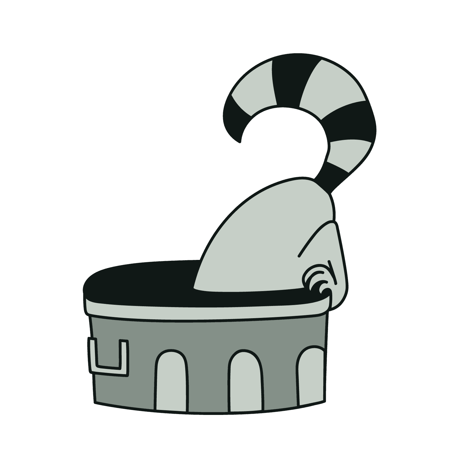Cartoon raccoon with the top half of its body buried in a trash can and its curled, striped tail pointing upwards. It
