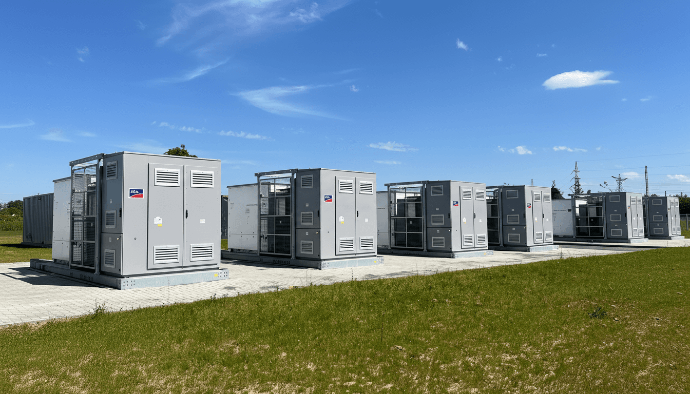 Reihe stationärer Batteriespeicher auf einem begrünten Betriebsgelände
