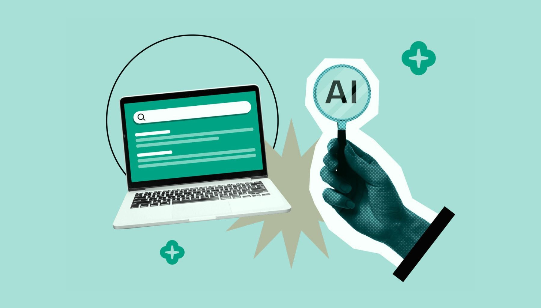 Illustration of a laptop displaying a search bar and a hand holding a magnifying glass labeled AI, representing the search for entry‑level AI jobs.