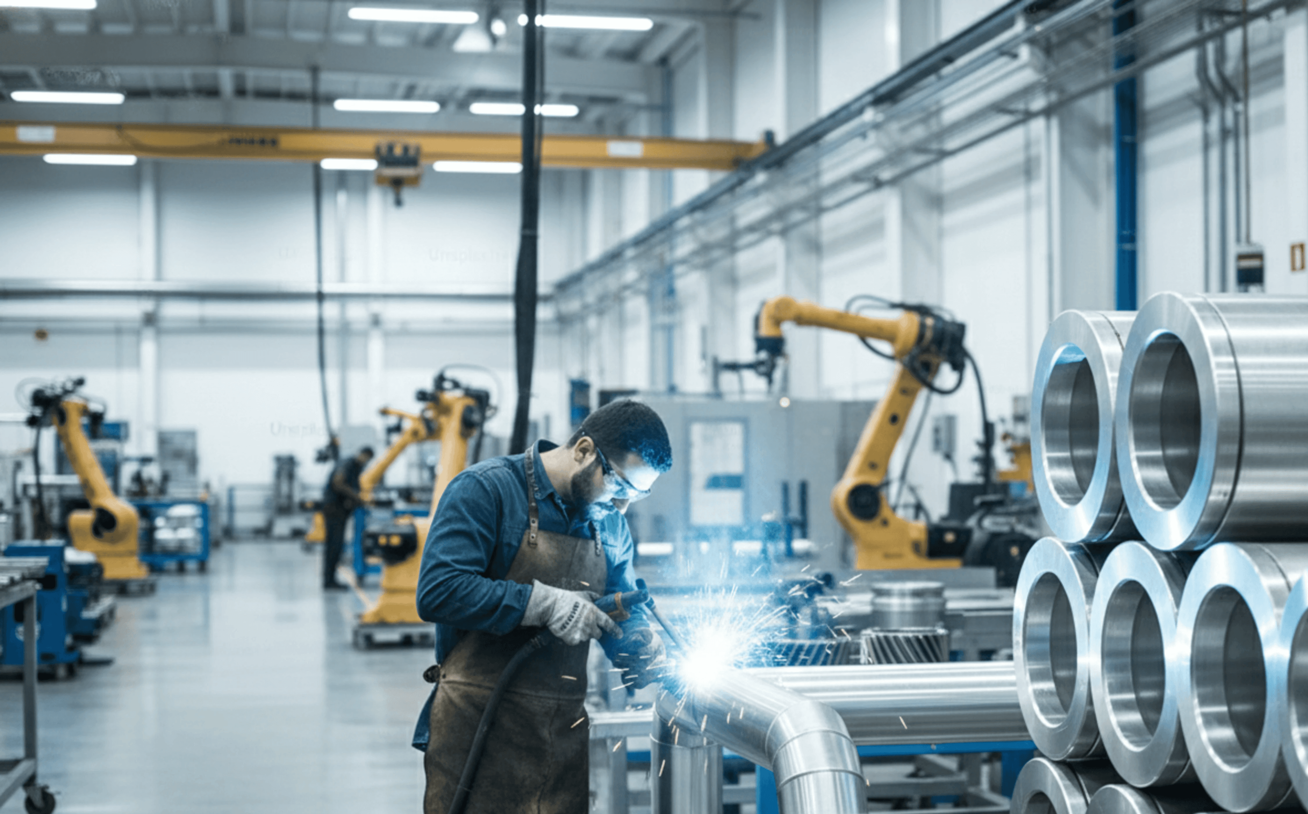 A man in PPE doing metal fabrication using aluminium alloy inside a factory, by Automech Group