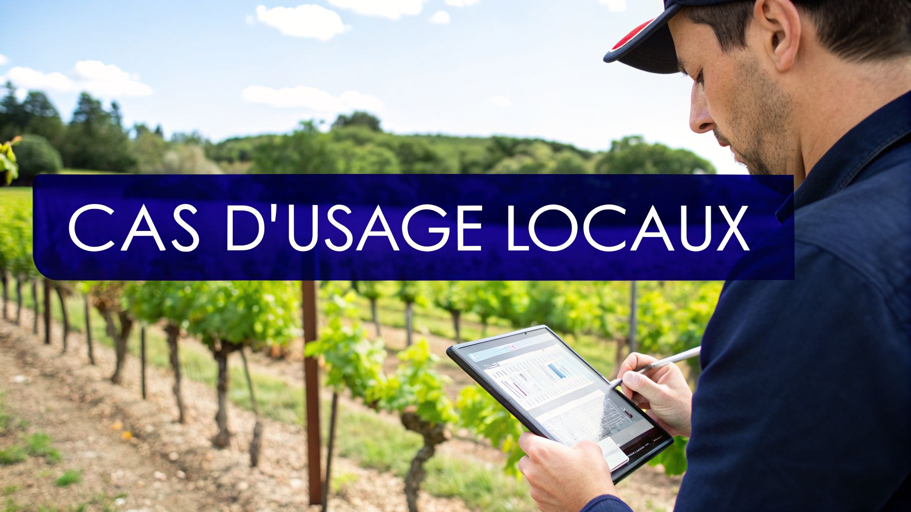 Un homme dans un vignoble utilise une tablette pour la gestion des cas d'usage locaux, illustrant l'innovation agricole.