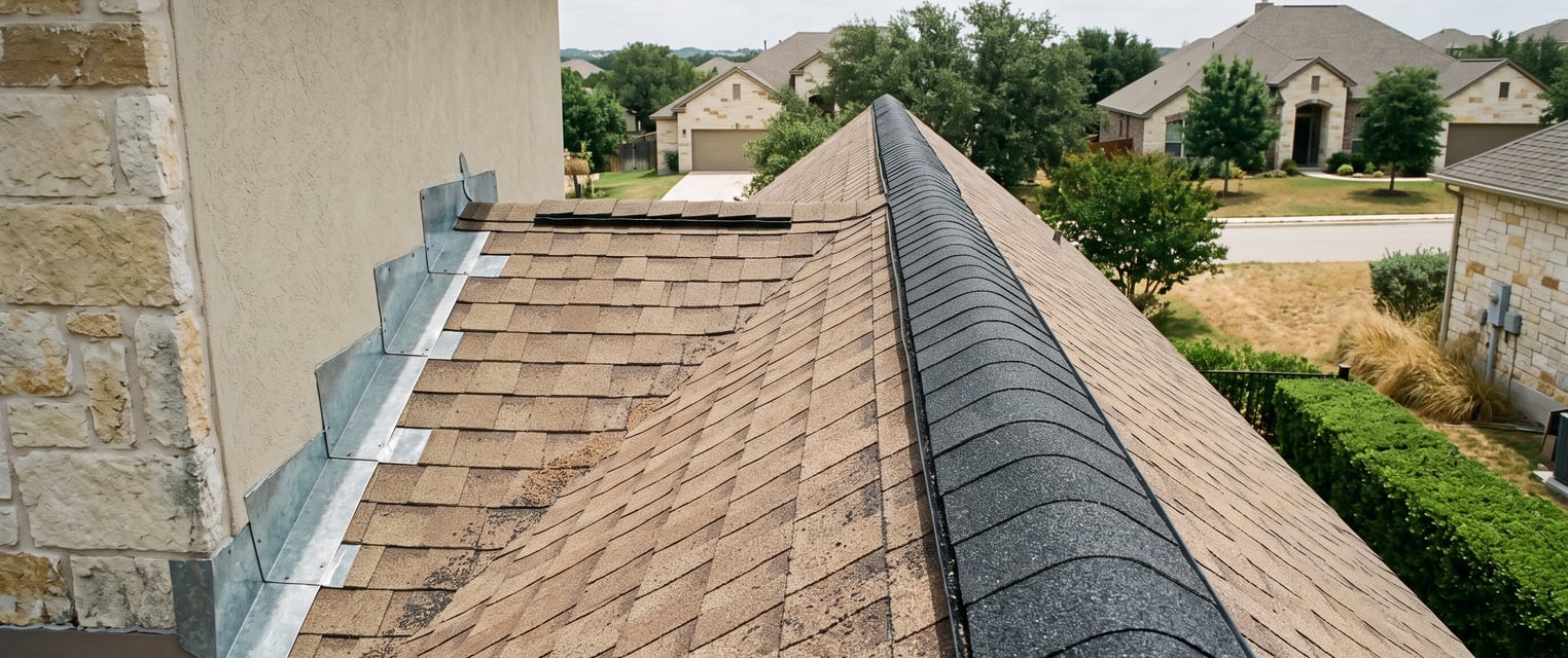 A rebuilt Cedar Park ridge and wall flashing after high wind, new caps running the length of the ridge