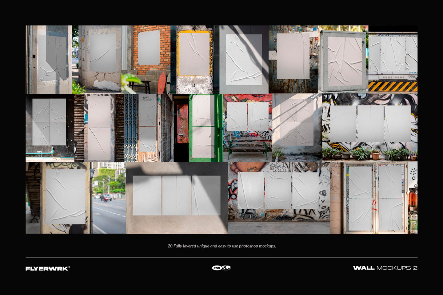 Urban poster wall mockups overview showing empty poster scenes and wall backgrounds