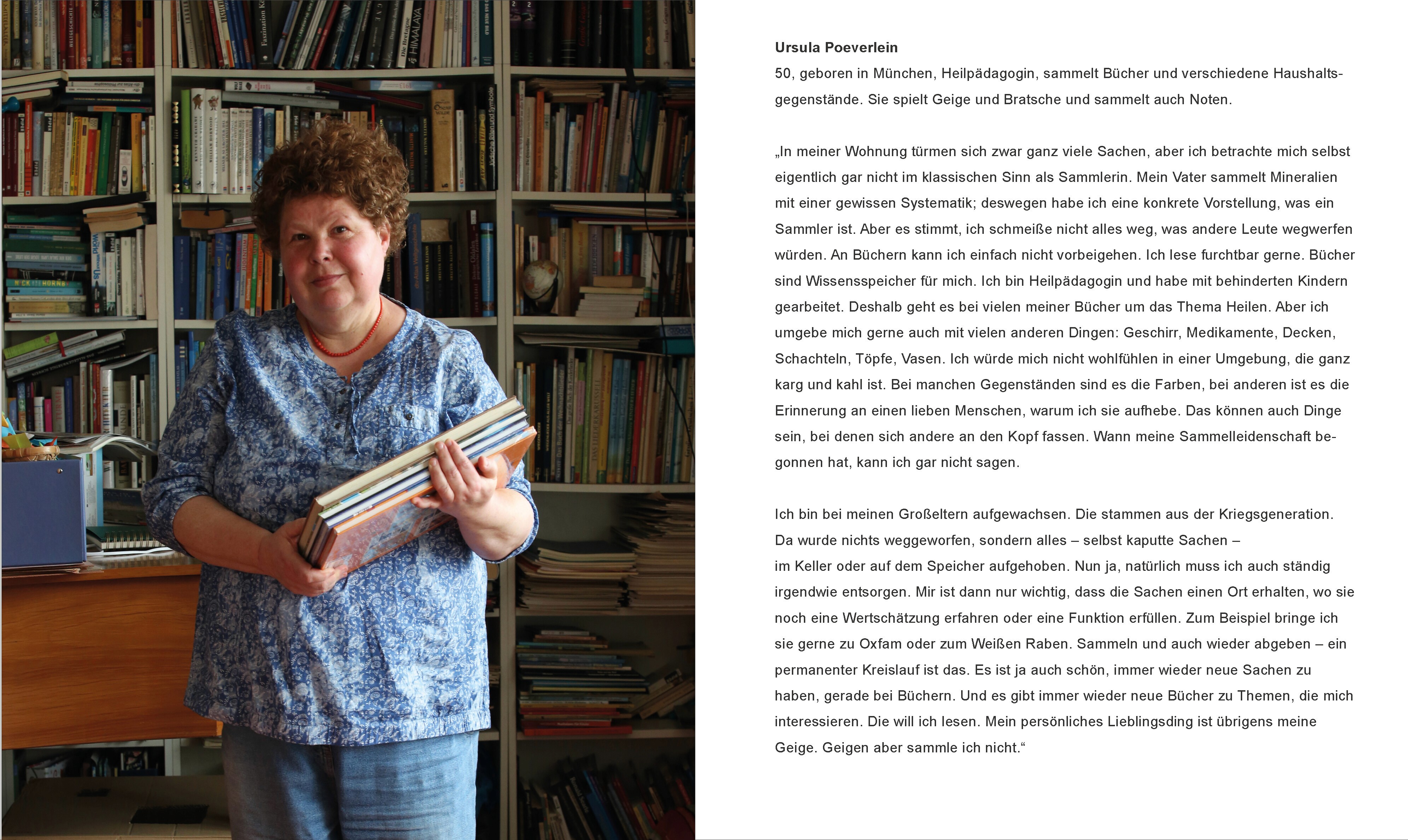 Plakat: Ursula Poeverlein mit Bücherstapel vor vollen Regalen, daneben ihr Interviewtext