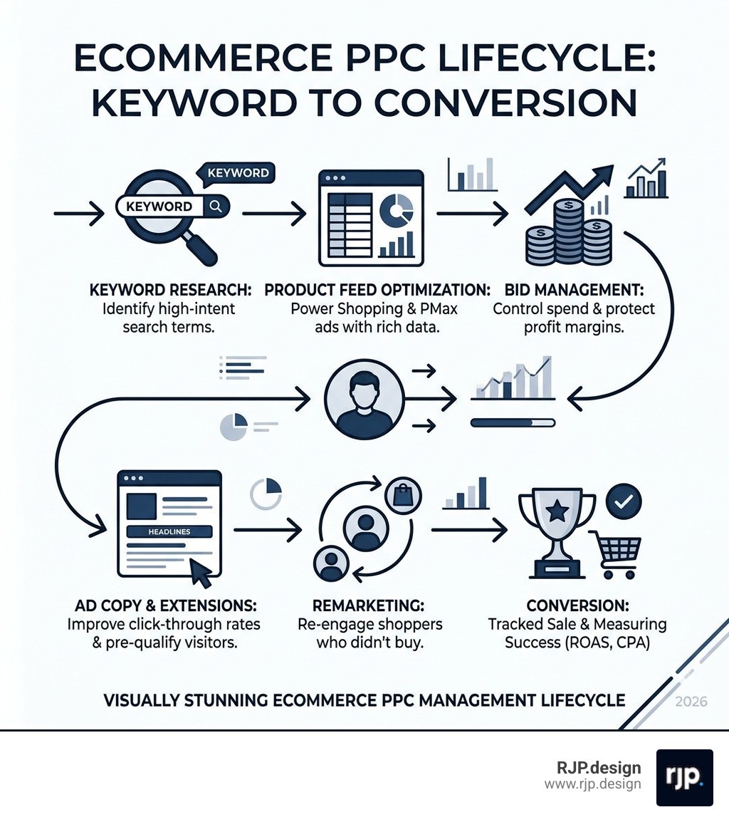 Ecommerce PPC lifecycle from keyword to conversion infographic - ecommerce PPC management infographic 