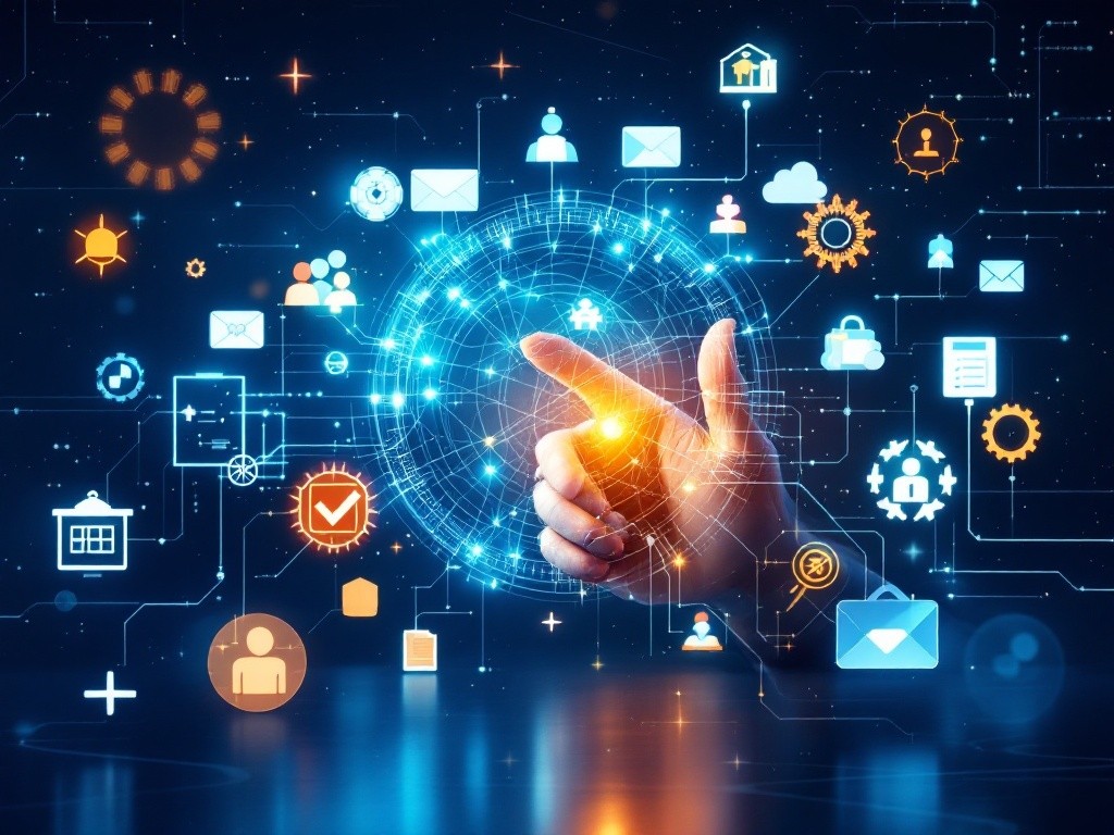 A hand interacting with a digital network of icons representing various business processes and technologies.